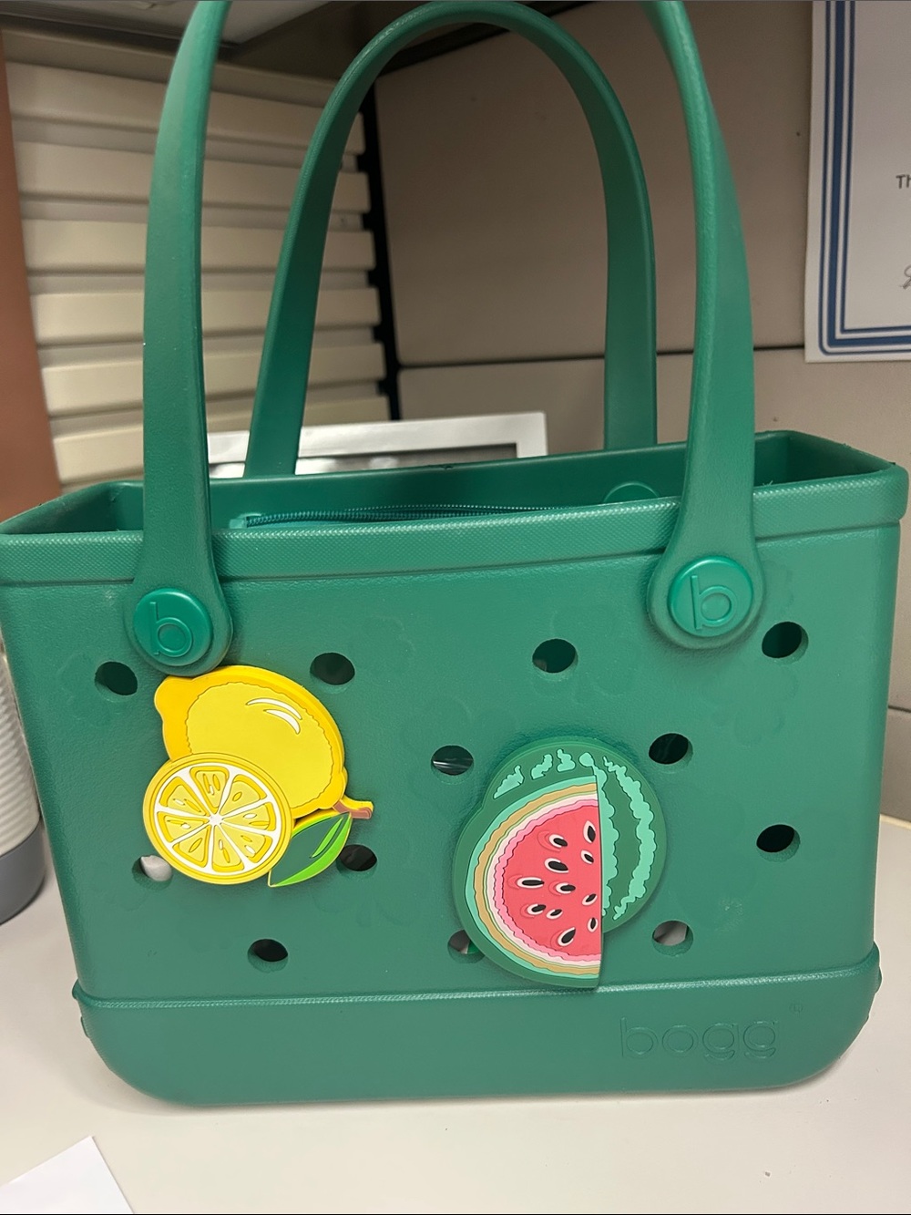 Bitty BOGG BAG green tote with yellow lemon and pink watermelon charms